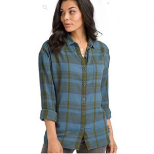 prAna Womens Blue Note Plaid ACONIC Organic Cotton Crinkle Gauze Top SMALL
